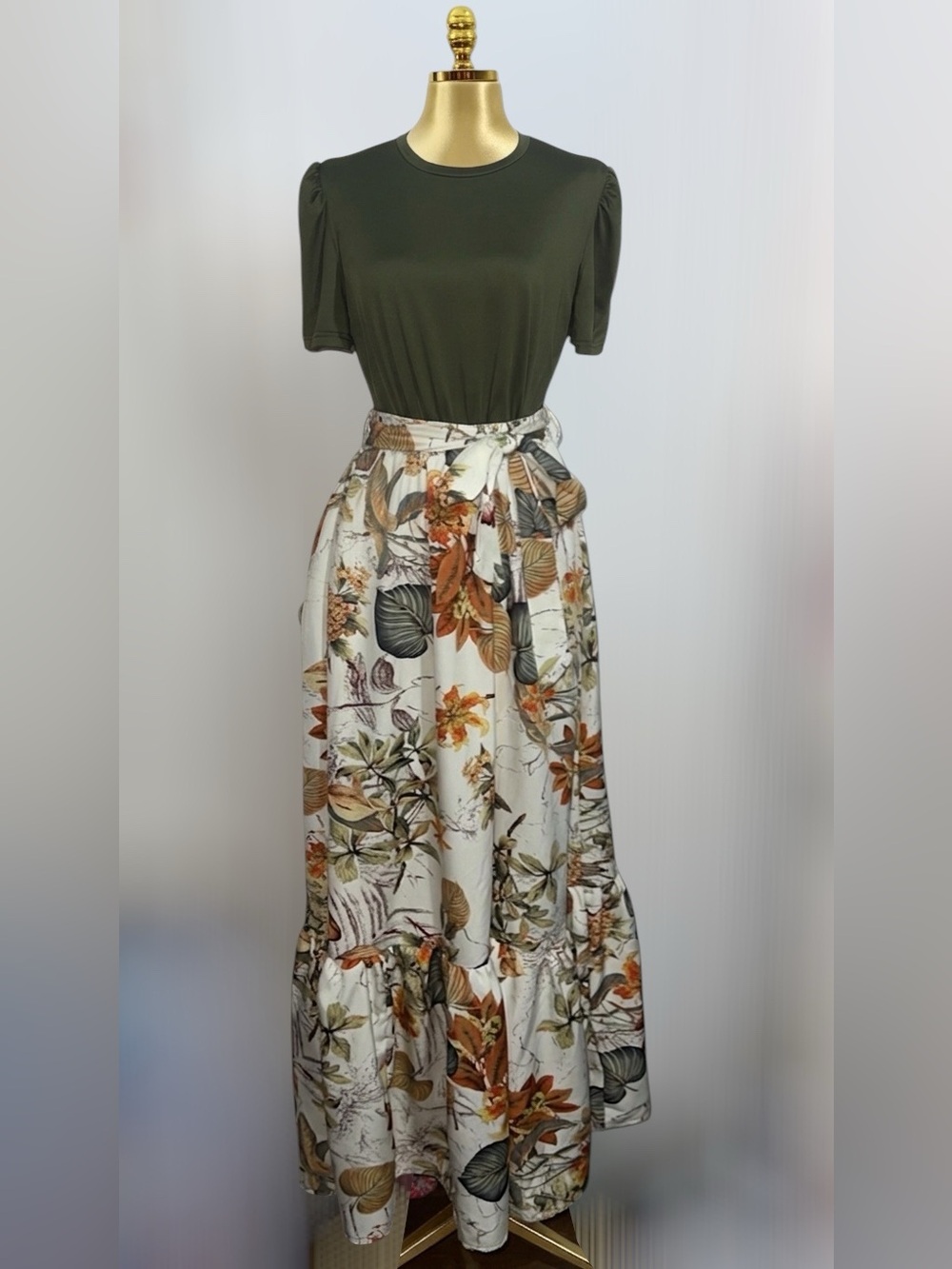 Olive & Cream Floral Tie-Waist Maxi Dress - Picture 3 of 3